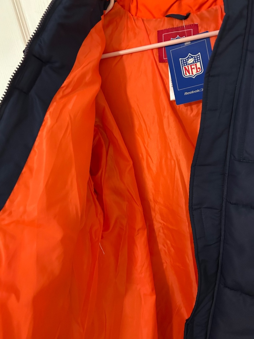 NWT Vintage Reebok NFL Denver Broncos Youth XL Puffer Jacket Coat Navy Orange - Picture 10 of 13